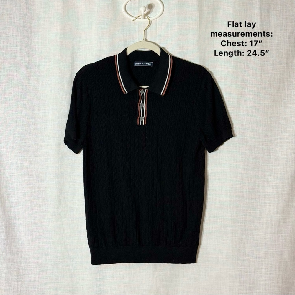PJ Paul Jones Textured Knit Polo Shirt Black Striped Collar Small‎